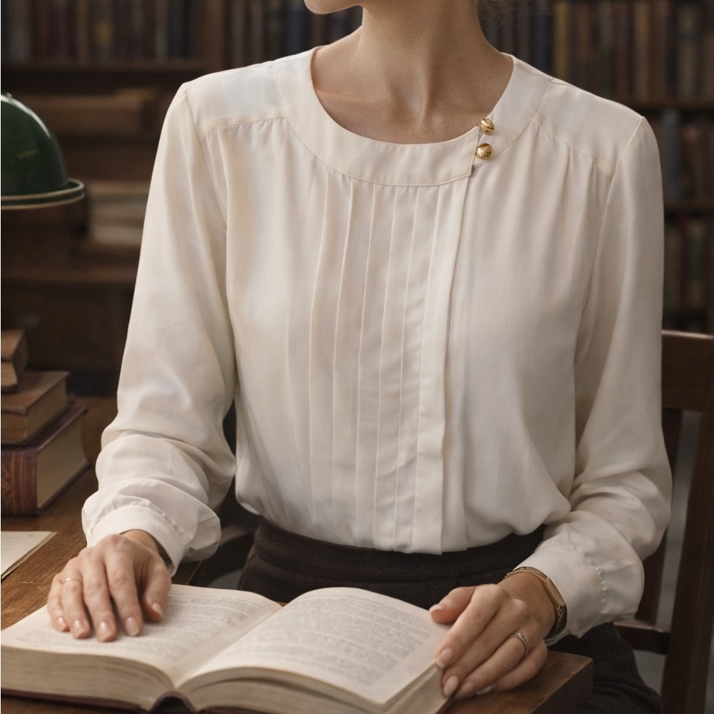 Vintage Laura and Jayne Ivory Blouse with Gold Buttons Librarian Academia